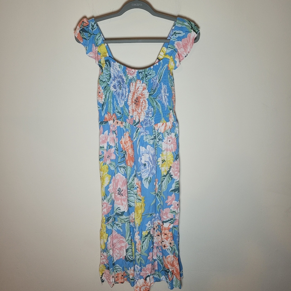 Loft Garden Smocked Floral Midi Dress Small  Ruffled Sleeves Beach Resort Summer